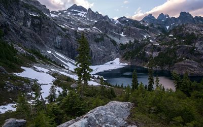 mountain landscape, spring, mountains, mountain lake, snow, forest, rocks, Glacier National Park, Canada