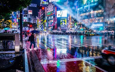 東京, 夜市, 雨, 高層ビル群, 大都市, 人, 日本