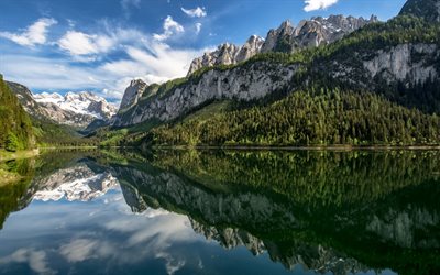 O Lago De Gosau, lago de montanha, primavera, montanhas, floresta, manh&#227;, Alpes, &#193;ustria