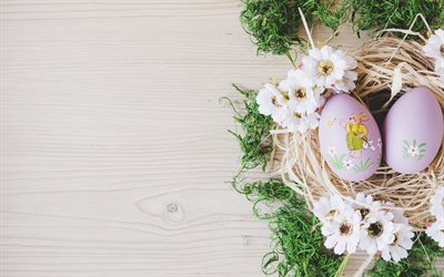 Easter eggs, holiday, spring, pink Easter eggs, nest, basket