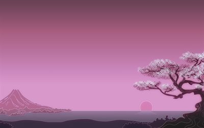 El monte Fuji, m&#237;nimo, 4k, el arte, la puesta de sol, sakura, Jap&#243;n