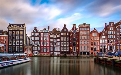 Amsterdam, casas, primavera, canales, barcos a motor, pa&#237;ses Bajos, Holanda