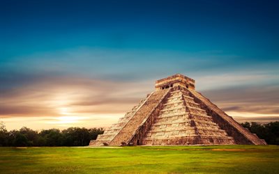Templo de Kukulcan, O Castelo, pir&#226;mide, templo, p&#244;r do sol, Mexico, atra&#231;&#245;es, marco, Mesoamericano passo-pir&#226;mide, Arquitetura da Maya