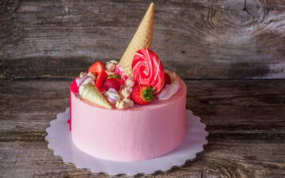 誕生日, ピンクのケーキ, お菓子, イチゴケーキ, ピンクのクリーム