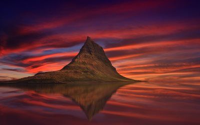 Kirkjufell Monte, sunset, 4k, Icelandic landmarks, Europe, Abenrot, Iceland