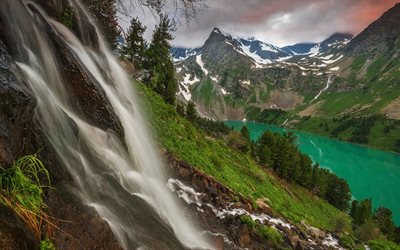 mountain waterfall, glacial lake, mountain landscape, spring, rocks, forest, Alps