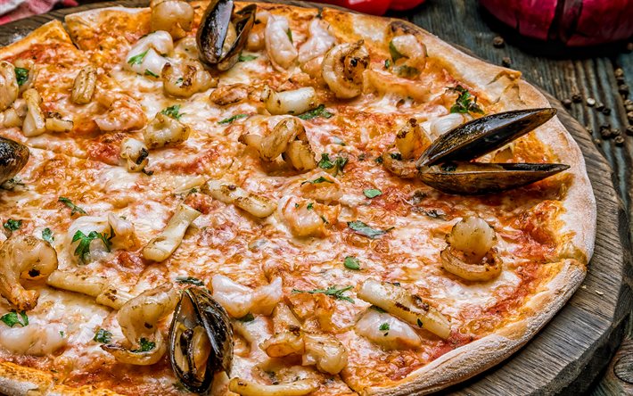 pizza de frutos do mar, pizza com mexilh&#245;es, comida r&#225;pida, pizza, tipos de pizzas