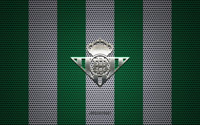 Ger&#231;ek Zek&#39;in logo, İspanyol Futbol Kul&#252;b&#252;, metal amblem, beyaz-yeşil Hasır arka plan, Ger&#231;ek Zek&#39;in, UEFA Şampiyonlar Ligi, Sevilla, İspanya, futbol