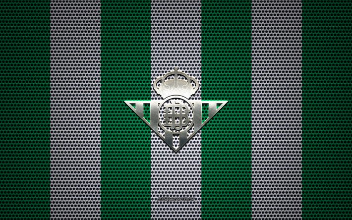 Real Betis logo, Spanish football club, metal emblem, white-green metal mesh background, Real Betis, La Liga, Seville, Spain, football