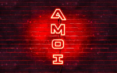 4K, Amoi red logo, vertical text, red brickwall, Amoi neon logo, creative, Amoi logo, artwork, Amoi