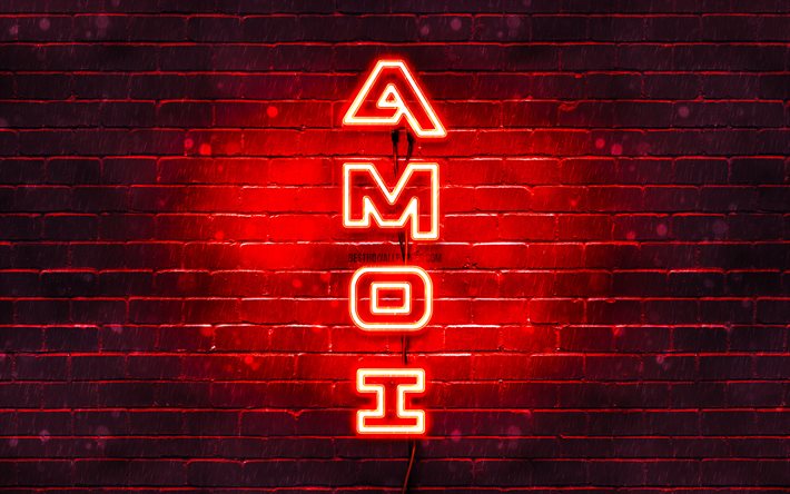 4K, Amoi赤ロゴ, テキストの垂直, 赤brickwall, Amoiネオンのロゴ, 創造, Amoiロゴ, 作品, Amoi