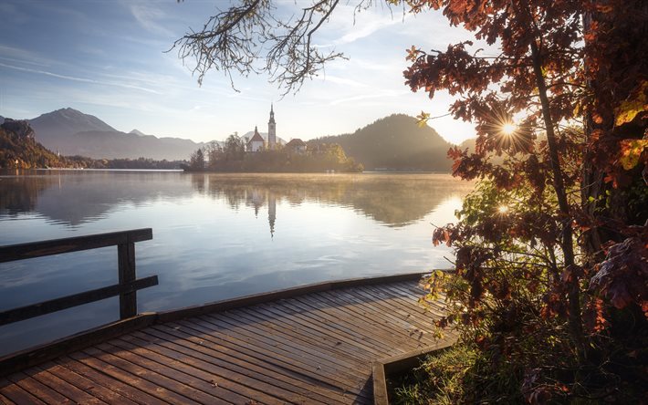 O Lago De Bled, manh&#227;, amanhecer, igreja no lago, marco, Eslov&#233;nia, Alpes Julianos, Superior Carniolan