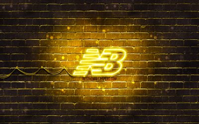 New Balance keltainen logo, 4k, keltainen brickwall, New Balance logo, merkkej&#228;, New Balance neon-logo, New Balance