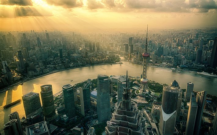 Shanghai, paisajes, R&#237;o Huangpu, las ciudades chinas, rascacielos, China, Shanghai desde arriba, Asia