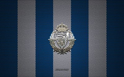 Real Sociedad logo, Spanish football club, metal emblem, white-blue metal mesh background, Real Sociedad, La Liga, San Sebastian, Spain, football