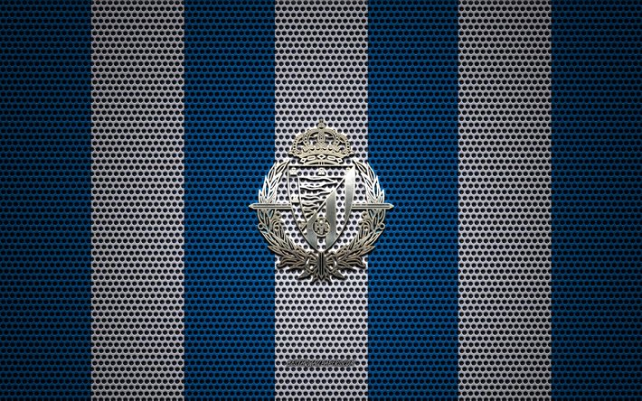Real Sociedad-logotyp, Spansk fotbollsklubb, metall emblem, vit-bl&#229; metalln&#228;t bakgrund, Royal Society, Ligan, San Sebastian, Spanien, fotboll