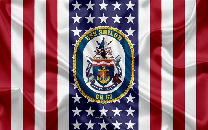 uss shiloh-emblem, cg-67, american flag, us-navy, usa, uss shiloh abzeichen, us-kriegsschiff, wappen der uss shiloh