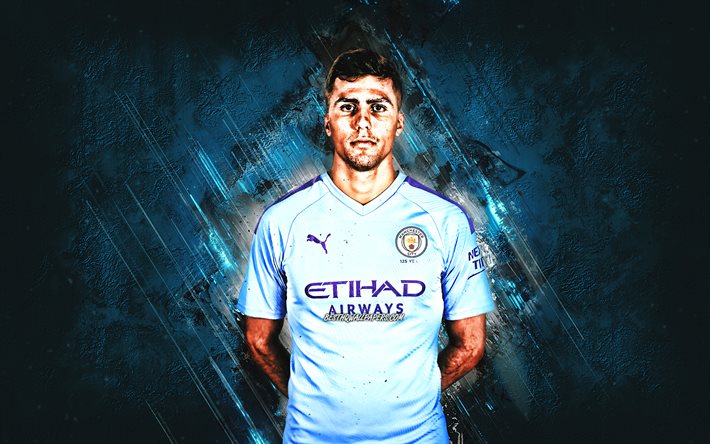 Rodrigo Hernandez, Manchester City FC, ritratto, calciatore spagnolo, pietra blu di sfondo, Premier League, calcio