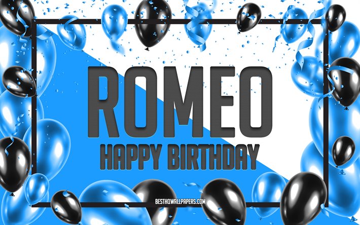 Buon Compleanno Romeo, feste di Compleanno, Palloncini Sfondo, Romeo, sfondi per il desktop con nomi, Romeo buon Compleanno, Palloncini Blu di Compleanno, Sfondo, biglietto di auguri, Compleanno di Romeo