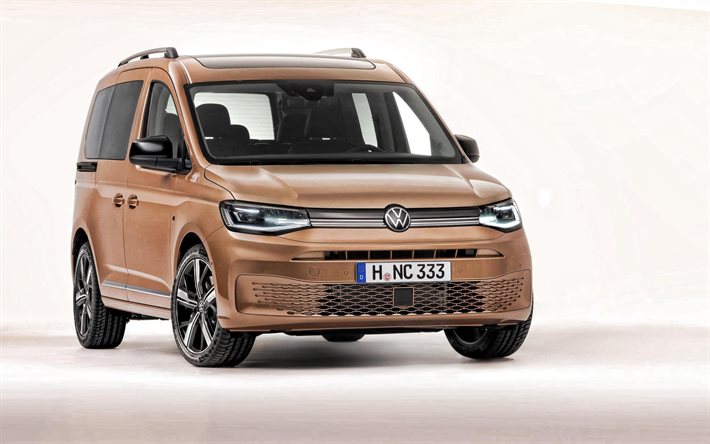 2021, Volkswagen Caddy, vista frontale, esterno, di bronzo (Caddy, minivan, auto tedesche, Volkswagen