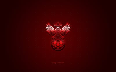 Russia national football team, emblem, UEFA, red logo, red fiber background, Russia football team logo, football, Russia