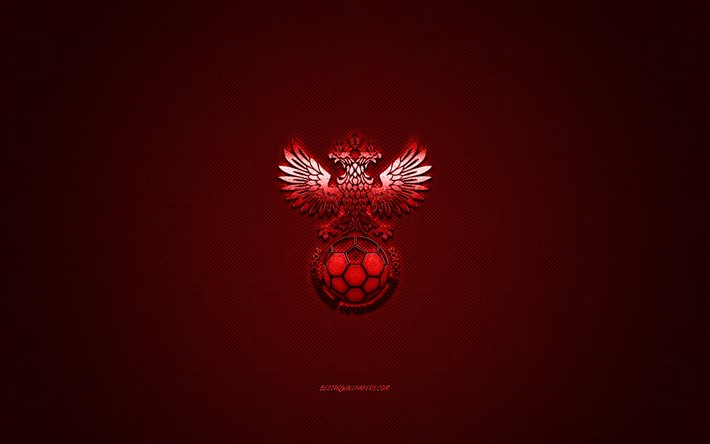 Russia squadra nazionale di calcio, emblema, la UEFA, logo rosso, il rosso lo sfondo in fibra, calcio Russia logo della squadra, calcio, Russia