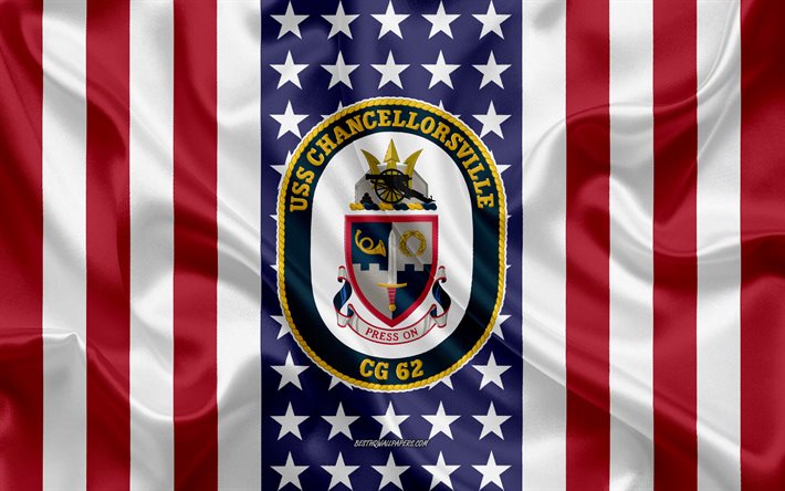 USS Chancellorsville Emblem, CG-62, Amerikanska Flaggan, US Navy, USA, USS Chancellorsville Badge, AMERIKANSKA krigsfartyg, Emblem av USS Chancellorsville