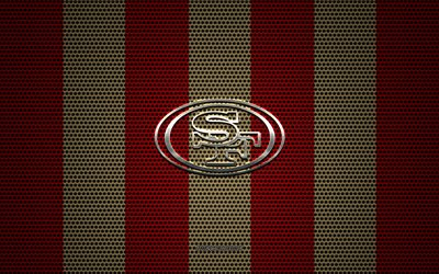 san francisco 49ers logo, american football-club, metall-emblem, rot-gold-metall-mesh-hintergrund, san francisco 49ers, nfl, san francisco, kalifornien, usa, american football