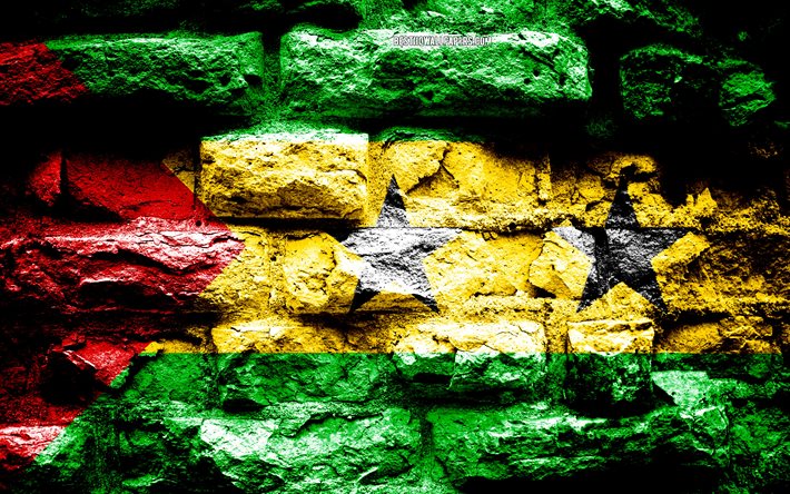 Sao Tome och Principe flagga, grunge tegel konsistens, Flaggan i Sao Tome och Principe, flaggan p&#229; v&#228;ggen, Sao Tome och Principe, flaggor av Afrika l&#228;nder