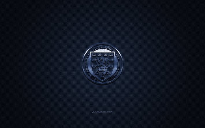 Scotland national football team, emblem, UEFA, blue logo, blue fiber background, Scotland football team logo, football, Scotland