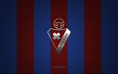 SD Eibar logo, Spanish football club, metal emblem, red-blue metal mesh background, SD Eibar, La Liga, Eibar, Spain, football