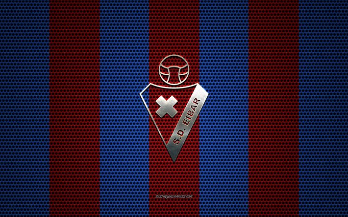sd eibar-logo der spanischen fu&#223;ball-club, metall-emblem, rot-blau-metall-mesh-hintergrund, sd eibar, la liga, eibar, spanien, fu&#223;ball