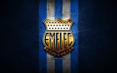 Emelec FC, logo dorato, Ecuador Serie A, blu, metallo, sfondo, calcio CS Emelec, Sucre squadra di calcio Emelec logo, calcio, Ecuador