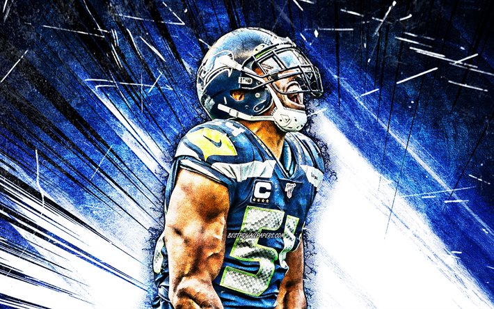 4k, Bobby Wagner, NFL, grunge sanat, Seattle Seahawks Amerikan Futbolu, defans oyuncusu Bobby Joseph Wagner, Ulusal Futbol Ligi, mavi soyut ışınları, Bobby Wagner Seattle Seahawks