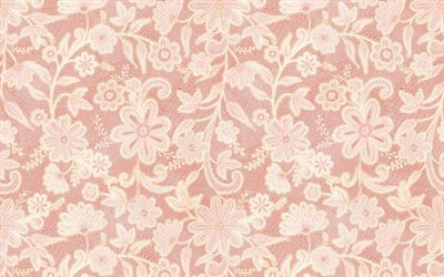 vintage blomm&#246;nster, 4k, rosa spets bakgrund, vit damast m&#246;nster, rosa vintage bakgrund, blomm&#246;nster, vintage bakgrund, lace texturer, rosa retro bakgrund, blommig vintage m&#246;nster