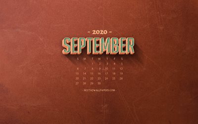 2020 Syyskuun Kalenteri, oranssi retro tausta, 2020 syksyn kalenterit, Syyskuussa 2020 Kalenteri, retro art, 2020 kalenterit, Syyskuussa