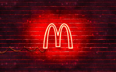 mcdonalds red-logo, 4k, red brickwall -, mcdonalds-logo, marken, mcdonalds neon-logo, mcdonalds