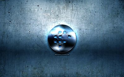 Synereo AMP metal logo, grunge, cryptocurrency, blue metal background, Synereo AMP, creative, Synereo AMP logo