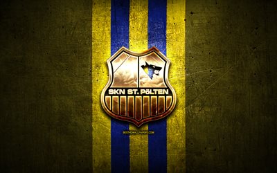St Polten FC, golden logo, Austrian Bundesliga, yellow metal background, football, SKN St Polten, austrian football club, St Polten logo, soccer, Austria