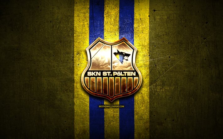 St Polten FC, logo dor&#233;, de la Bundesliga Autrichienne, jaune m&#233;tal, fond, football, SKN St Polten, autrichien, club de football, St Polten logo, Autriche