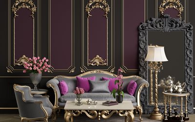 cl&#225;sico elegante interior, sala de estar, adornos de oro en las paredes, violeta-negro de las paredes en la sala de estar, dise&#241;o interior cl&#225;sico