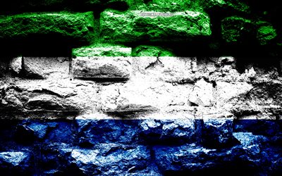 Sierra Leone flag, grunge brick texture, Flag of Sierra Leone, flag on brick wall, Sierra Leone, flags of Africa countries