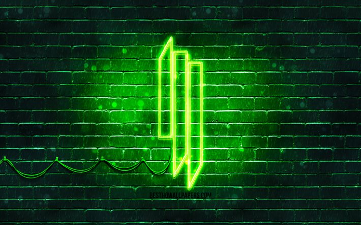 Skrillex green logo, 4k, superstars, american DJs, green brickwall, Skrillex logo, Sonny John Moore, Skrillex, music stars, Skrillex neon logo