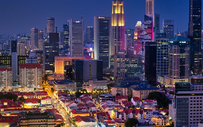 Singapore, y&#246;, kaupunkikuva, moderneja rakennuksia, illalla, pilvenpiirt&#228;ji&#228;, Aasiassa