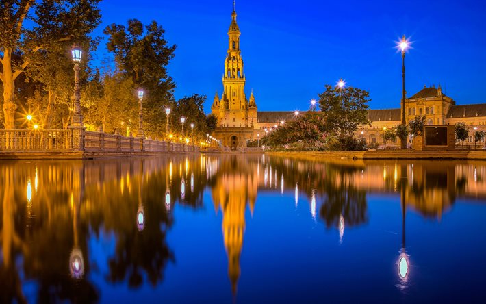Spain Square, Maria Luisa Park, nighscapes, Seville, Andalusia, Spain, Europe, spanish cities