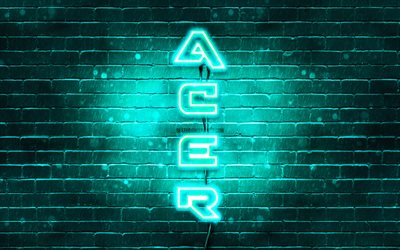 4K, Acer turchese logo, testo verticale, turchese, brickwall, Acer neon logo, creativo, logo Acer, opere d&#39;arte, Acer