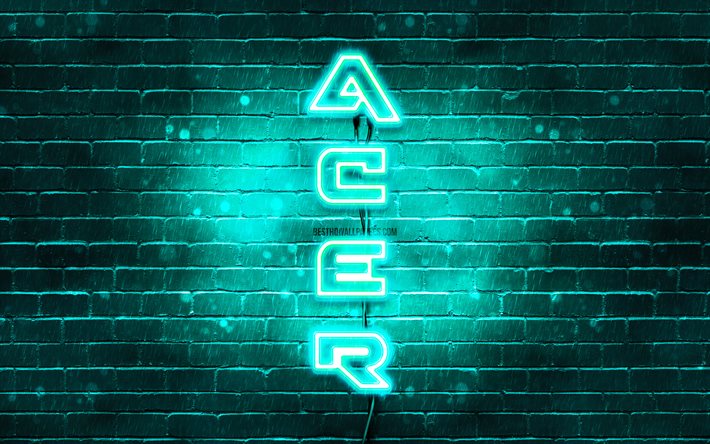 4K, Acer turkoosi logo, pystysuora teksti, turkoosi brickwall, Acer neon-logo, luova, Acer-logo, kuvitus, Acer