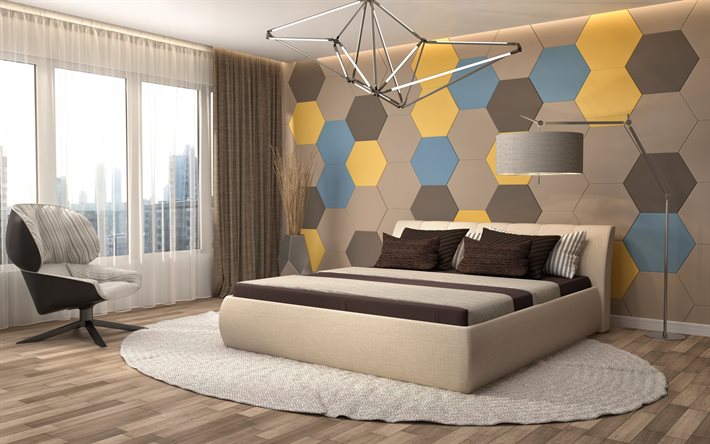 braun-schlafzimmer -, waben-abstraktion an der wand, schlafzimmer projekt, modernes interior design