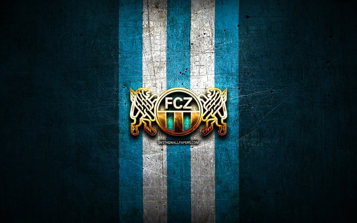 FC Z&#252;rich, golden logotyp, Schweiziska Super League, bl&#229; metall bakgrund, fotboll, FC z&#252;rich, schweizisk fotboll club, FC Z&#252;rich logotyp, Schweiz