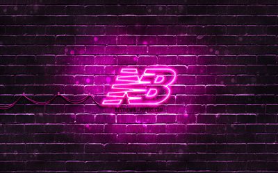 New Balance purple logo, 4k, purple brickwall, New Balance logo, brands, New Balance neon logo, New Balance